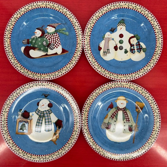 Sakura Debbie Mumm Jolly Snowmen 8" Plates Set of 4 Holiday Christmas Folk Art - Picture 1 of 11